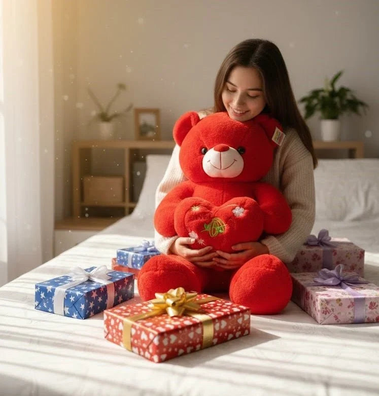 Large Red Love Teddy Bear with Heart Cushion