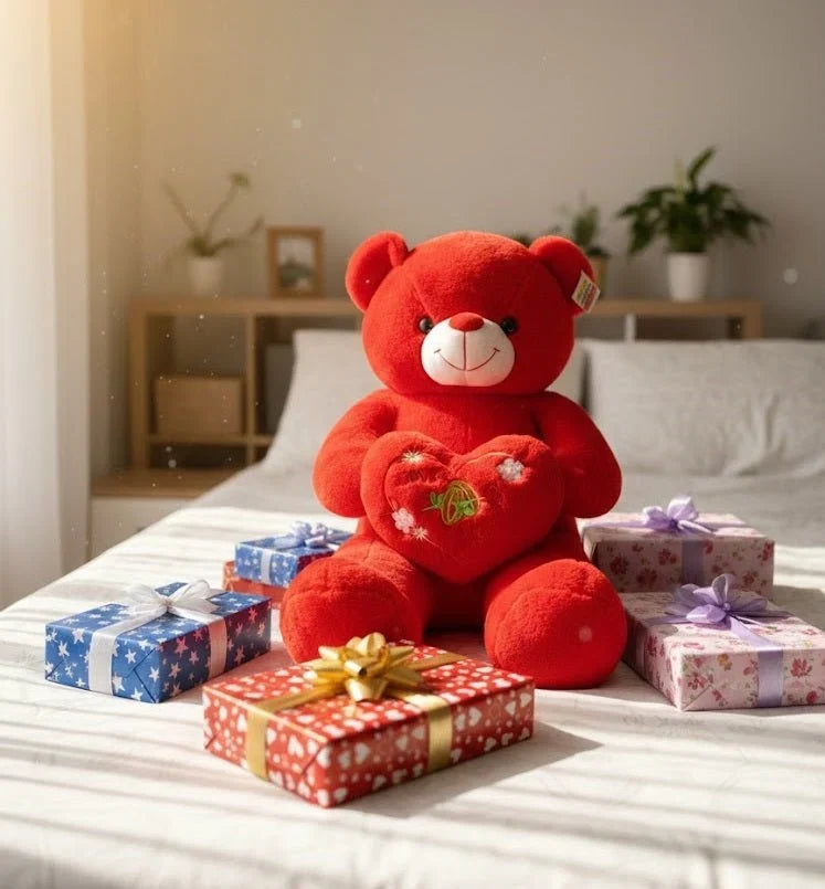 Large Red Love Teddy Bear with Heart Cushion